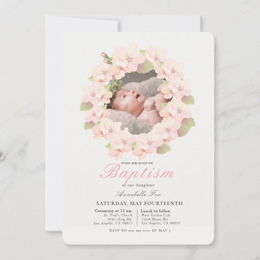 Kersenbloesem Krans Bloemen Meisje Foto Doop Kaart (Voorkant)