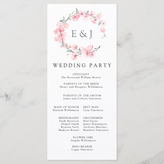 Kersenbloesem krans monogram bruiloft programmakaart (Achterkant)