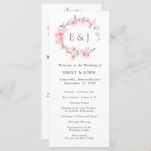 Kersenbloesem krans monogram bruiloft programmakaart (Voorkant / Achterkant)