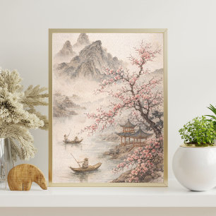 Kersenbloesem landschap   Aziatische berg kunst Poster