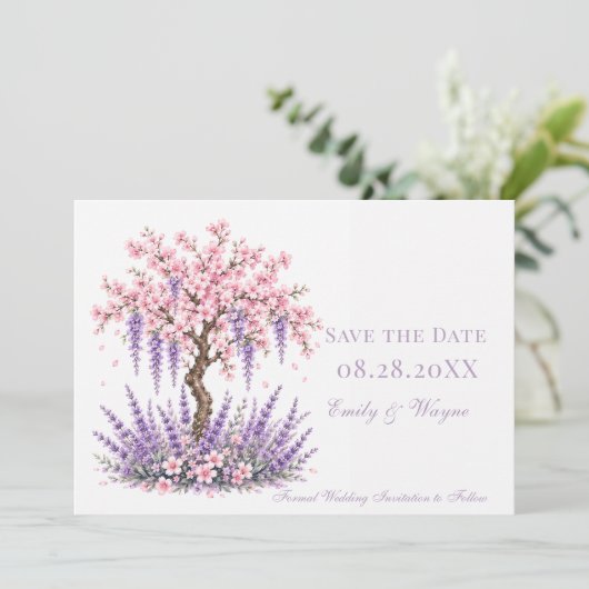 Kersenbloesem Lavendel Boom Bruiloft Save The Date (Staand voorkant)