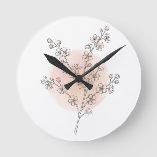 Kersenbloesem Lijnkunst Roze Perzik Aquarel Ronde Klok