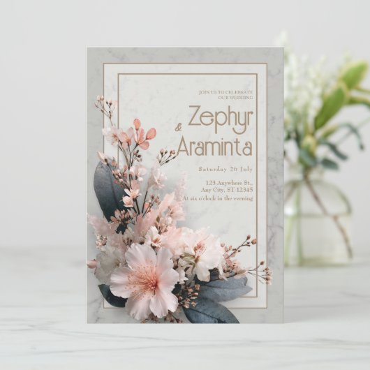 Kersenbloesem Marmeren Bruiloft Kaart (Staand voorkant)