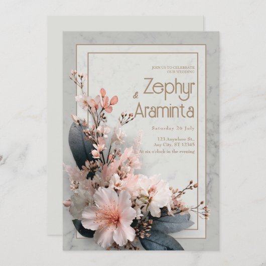 Kersenbloesem Marmeren Bruiloft Kaart (Voorkant / Achterkant)