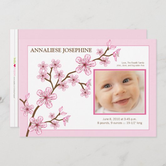 Kersenbloesem Meisje Geboorteaankondiging : baby r Aankondiging (Voorkant / Achterkant)