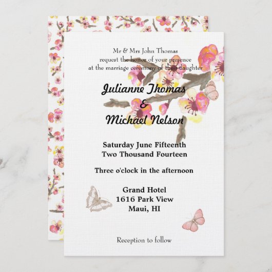 Kersenbloesem met vlinders bruiloft kaart (Voorkant / Achterkant)