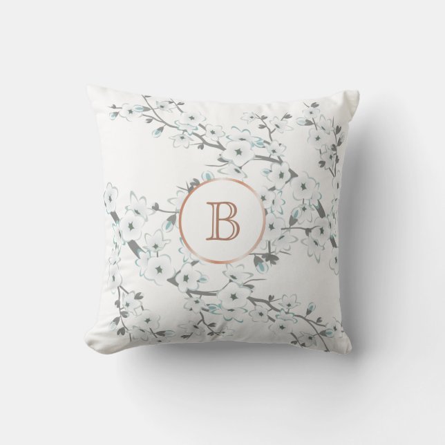 Kersenbloesem Mint Witte Roze Gouden Monogram Kussen (Voorkant)