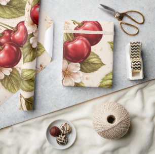 Kersenbloesem Motief Rode Kersen Cadeaupapier