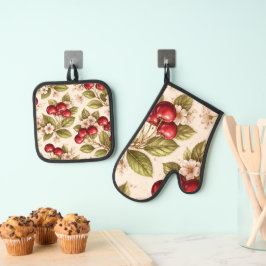 Kersenbloesem Motief Rode Kersen  Ovenwant & Pannenlap Set