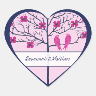 Kersenbloesem Navy & Fuchsia Liefdesvogels Hart Sticker