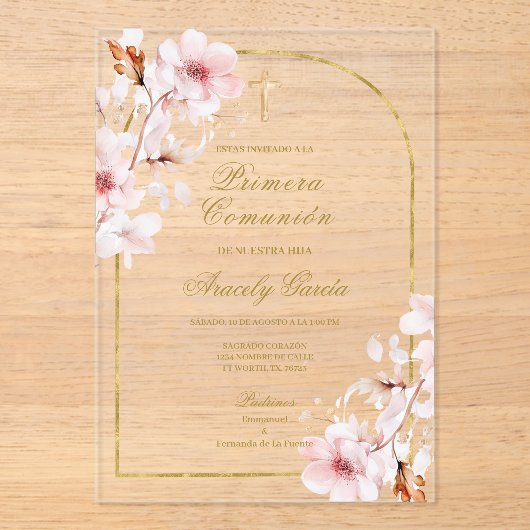 Kersenbloesem primera comunión acryl uitnodigingen (Voorkant)