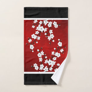 Kersenbloesem Rood Zwart Wit Bloemmotief Handdoek