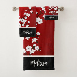 Kersenbloesem Rood Zwart Wit Monogram Bad Handdoek