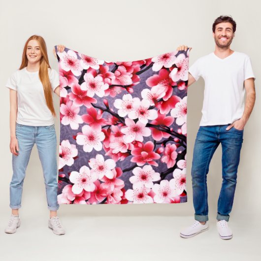 Kersenbloesem roze bloemmotief fleece deken (In situ)