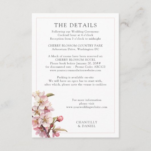Kersenbloesem roze en witte bruiloft details informatiekaartje (Voorkant)