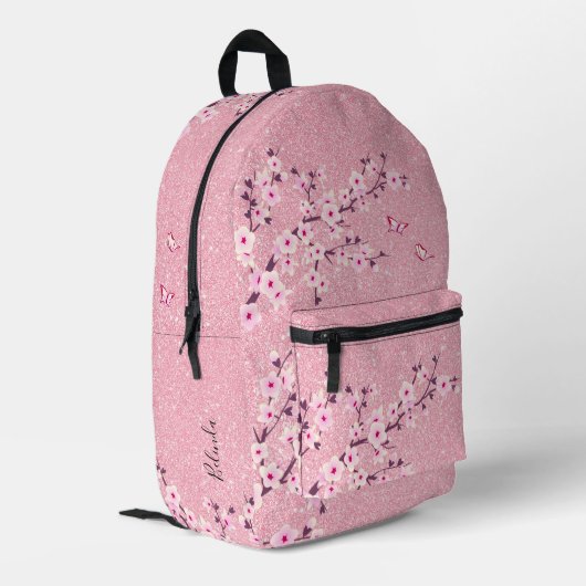 Kersenbloesem Roze Glitters Bedrukte Rugzak (Achterkant Hoek Links)