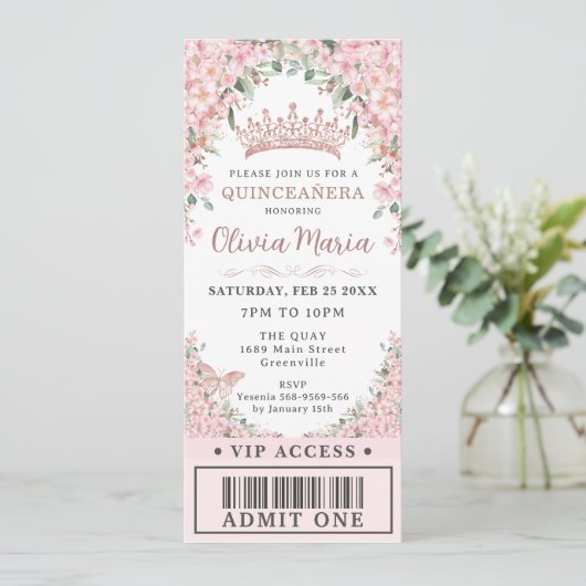 Kersenbloesem Roze Goud Quinceañera VIP Ticket Kaart (Staand voorkant)