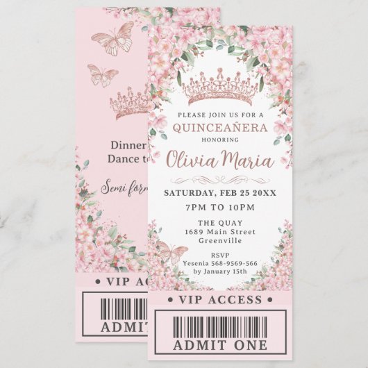 Kersenbloesem Roze Goud Quinceañera VIP Ticket Kaart (Voorkant / Achterkant)