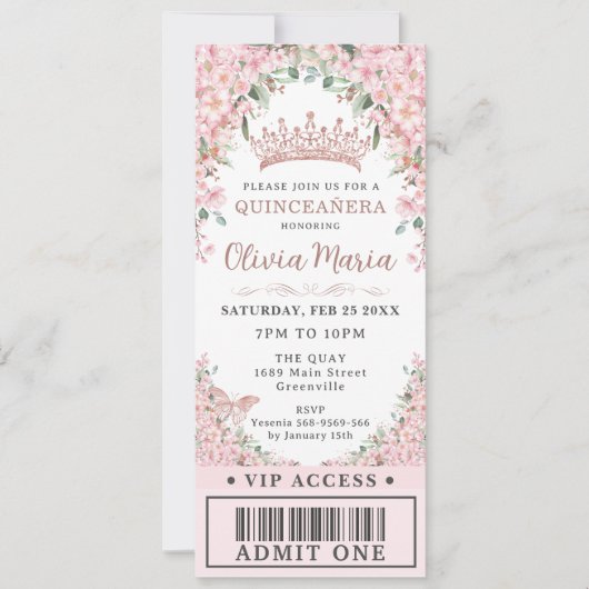 Kersenbloesem Roze Goud Quinceañera VIP Ticket Kaart (Voorkant)