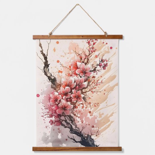 Kersenbloesem Roze Rode Waterverf Bloemen Bloemstu Hangend Wandkleed (Voorkant)