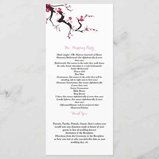 Kersenbloesem Roze Witte  bloemencermonieprogramma Programmakaart (Achterkant)