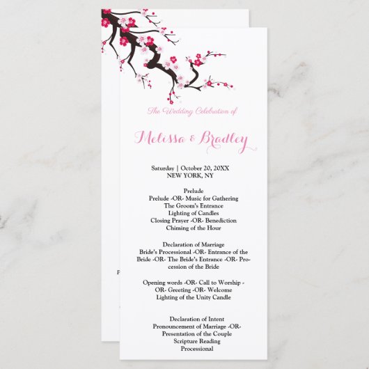 Kersenbloesem Roze Witte  bloemencermonieprogramma Programmakaart (Voorkant / Achterkant)