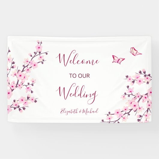 Kersenbloesem Roze Witte Bruiloft Spandoek (Horizontaal)