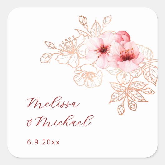 Kersenbloesem Roze Witte Bruiloft Vierkante Sticker (Voorkant)
