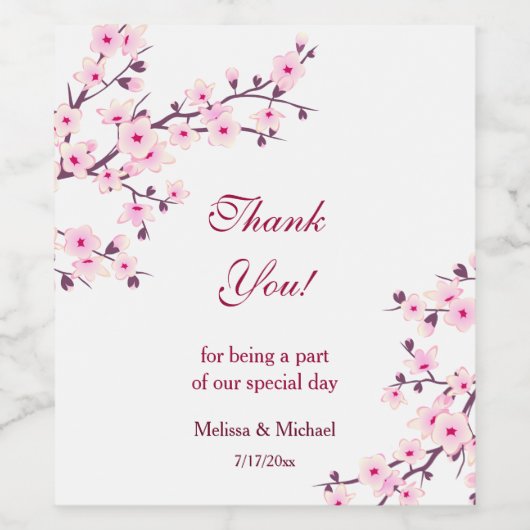 Kersenbloesem Roze Witte Dank Je Trouwdag Wijn Etiket (Enkel label)