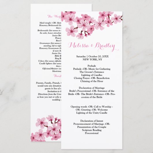 Kersenbloesem Roze Witte  flora  ceremonie Program Programmakaart (Voorkant / Achterkant)