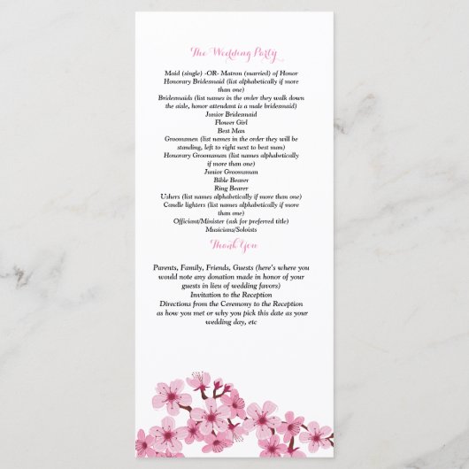 Kersenbloesem Roze Witte flora ceremonie Programma Programmakaart (Achterkant)