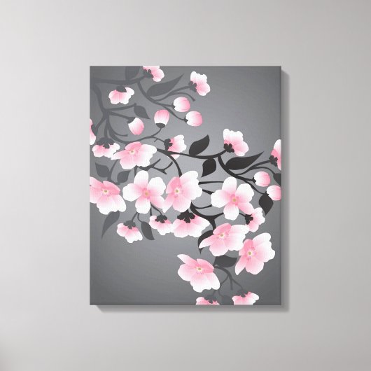Kersenbloesem, sakura op zwarte achtergrond canvas afdruk (Voorkant)