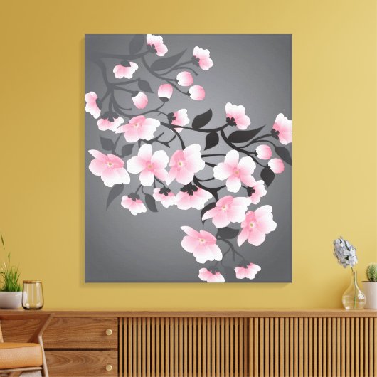 Kersenbloesem, sakura op zwarte achtergrond canvas afdruk (Insitu (Woonkamer))