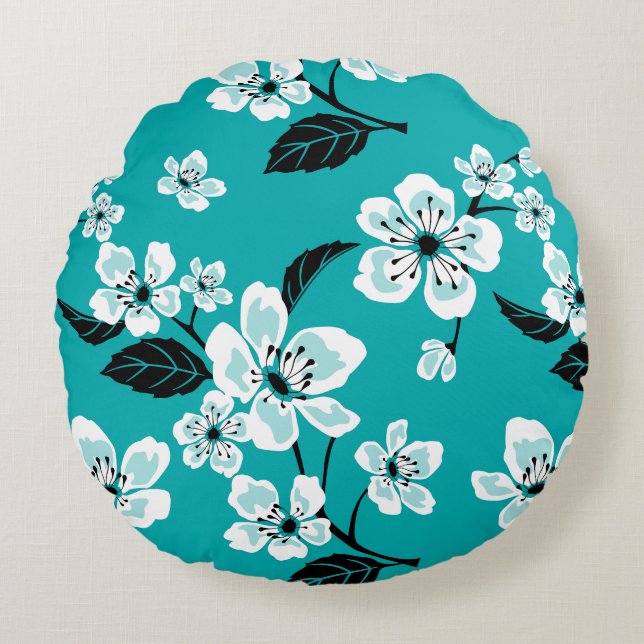 KERSENBLOESEM - SAKURA PATRONE IN TEAL ROND KUSSEN (Voorkant)