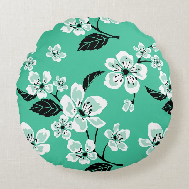 KERSENBLOESEM - SAKURA PATROON IN MINT ROND KUSSEN (Voorkant)