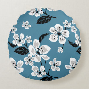 KERSENBLOESEM - SAKURA PATROON IN ROKENDE BLAUW ROND KUSSEN