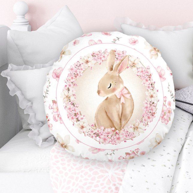 Kersenbloesem Schattige konijntje wit roze kinderk Rond Kussen (Cherry Blossom Cute Bunny White Pink Nursery Round Pillow)