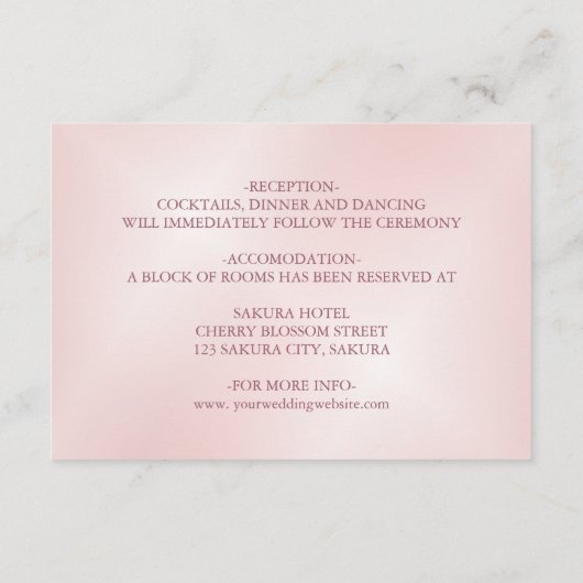 Kersenbloesem stoffige roze Chinese bruiloft Informatiekaartje (Achterkant)