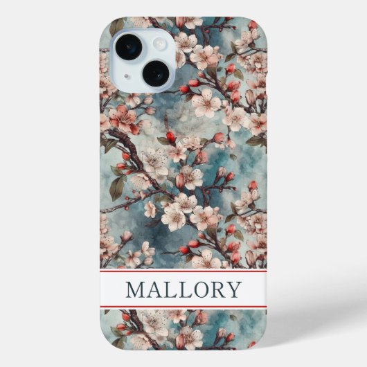 Kersenbloesem Teal Sakura Print Monogram Case-Mate iPhone Case (Achterkant)