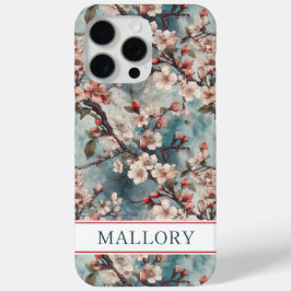 Kersenbloesem Teal Sakura Print Monogram iPhone 15 Pro Max Hoesje