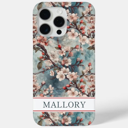 Kersenbloesem Teal Sakura Print Monogram Case-Mate iPhone Case (Achterkant)