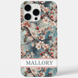 Kersenbloesem Teal Sakura Print Monogram iPhone 16 Pro Max Hoesje