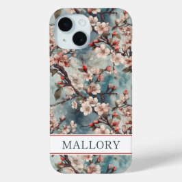 Kersenbloesem Teal Sakura Print Monogram iPhone 15 Case