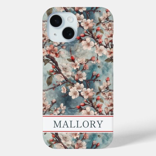 Kersenbloesem Teal Sakura Print Monogram Case-Mate iPhone Case (Achterkant)
