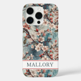 Kersenbloesem Teal Sakura Print Monogram iPhone 16 Pro Hoesje