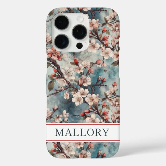 Kersenbloesem Teal Sakura Print Monogram Case-Mate iPhone Case (Achterkant)