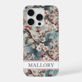 Kersenbloesem Teal Sakura Print Monogram iPhone 15 Pro Case