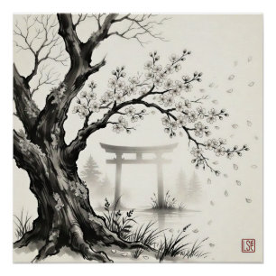 Kersenbloesem & Toriihek — Japanse Sumi-e inkt Perfect Poster