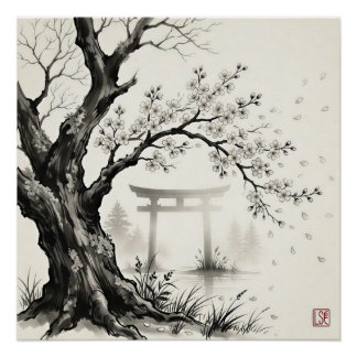 Kersenbloesem & Toriihek — Japanse Sumi-e inkt Perfect Poster