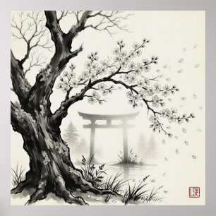 Kersenbloesem & Toriihek — Japanse Sumi-e inkt Poster